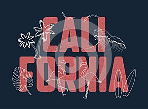 California slogan for t shirt with hand drawn elements. Typography graphics for tee shirt with flamingo, waves, palm trees.